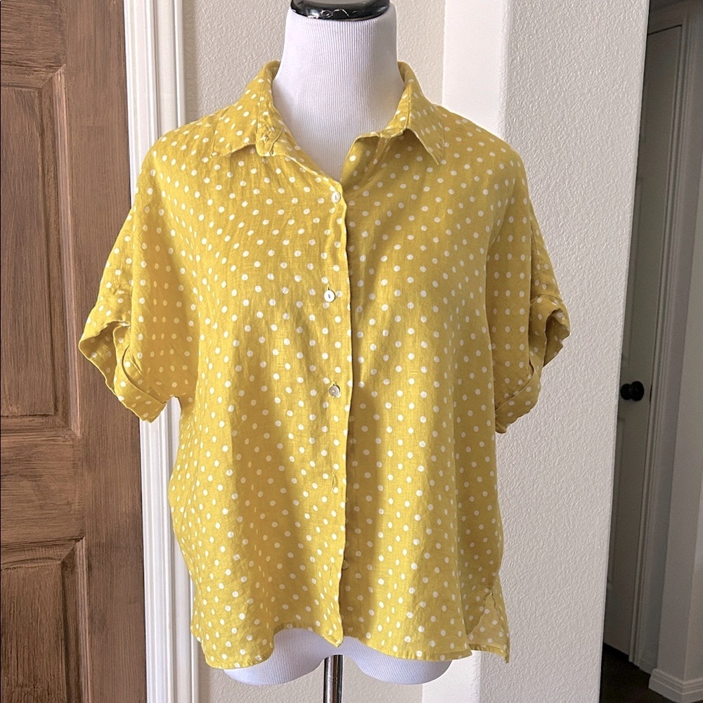 Rachel Roy Womens Polka Dot Linen Top Oversized Medium Boxy Fall Golden Yellow